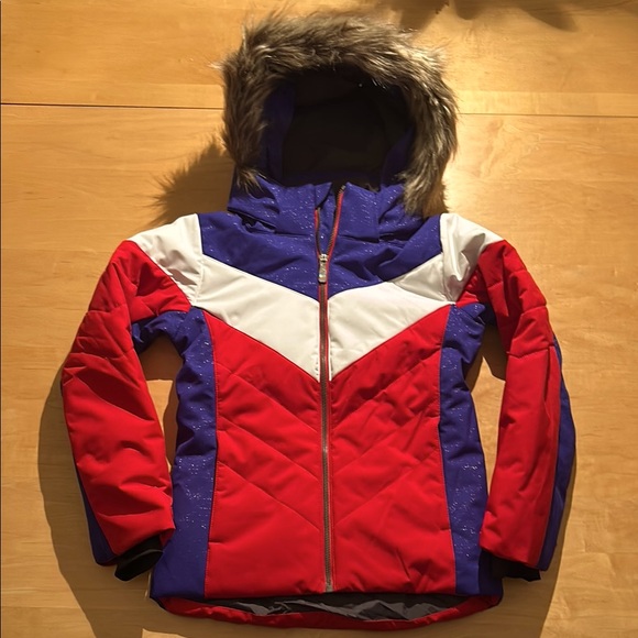 SPYDER Girls Lola Ski Jacket Red Blue Winter Jacket w Faux Fur Hood NWT $180 - Picture 2 of 9